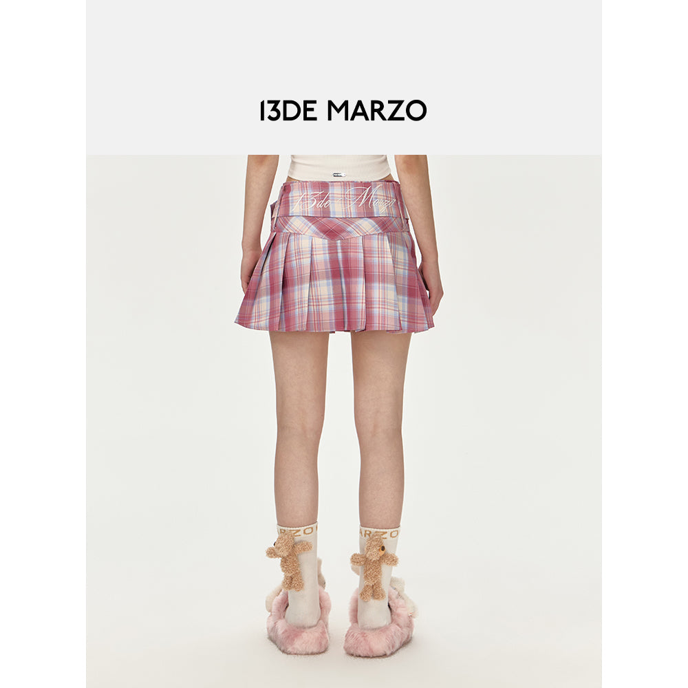 13DE MARZO Low Belt Plaid Skirt Pink