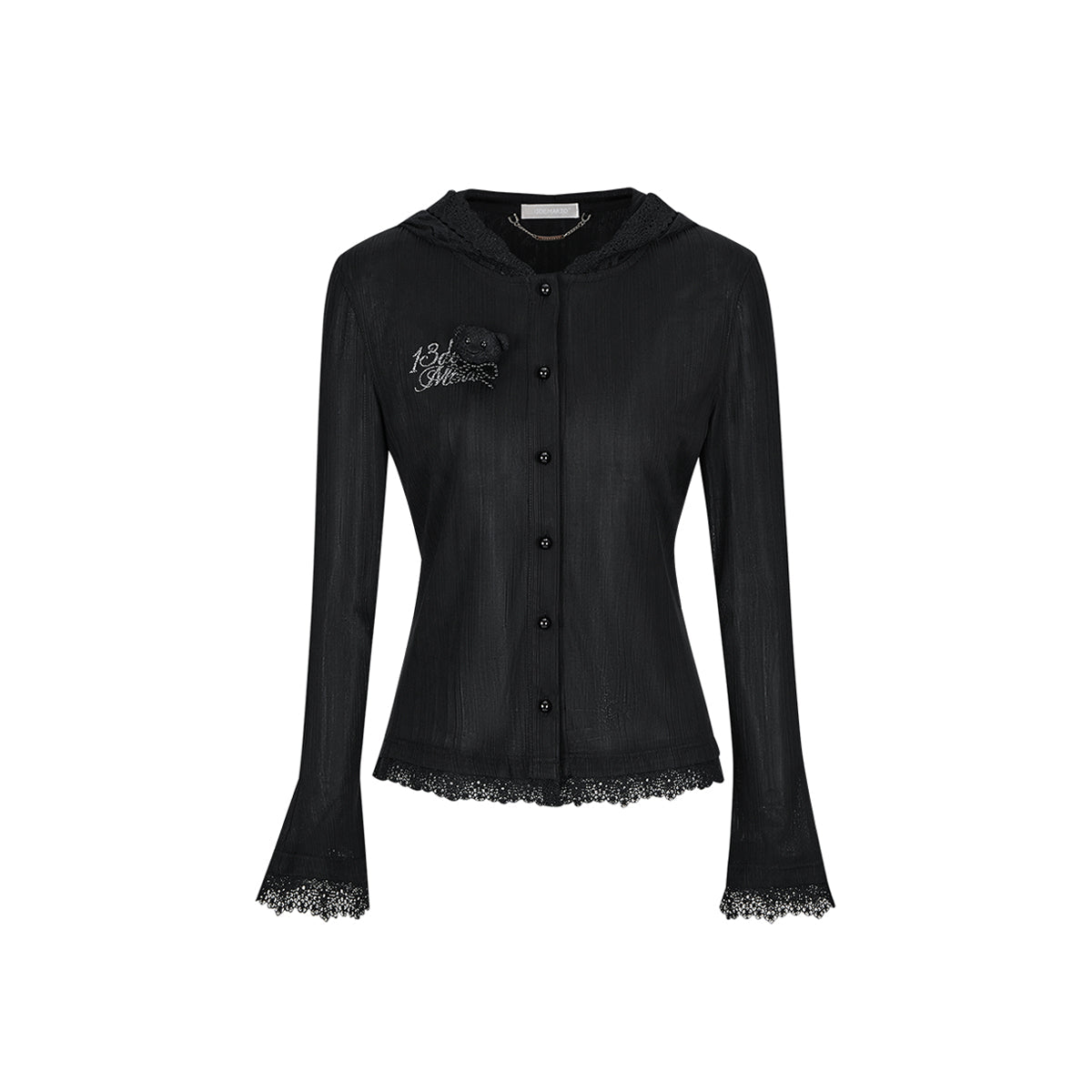 13DE MARZO Bear Lacy Pearl Hooded Cardigan Black