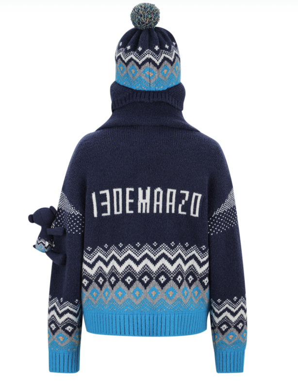 13DE MARZO Fair Isle Bear Cardigan Navy Blue