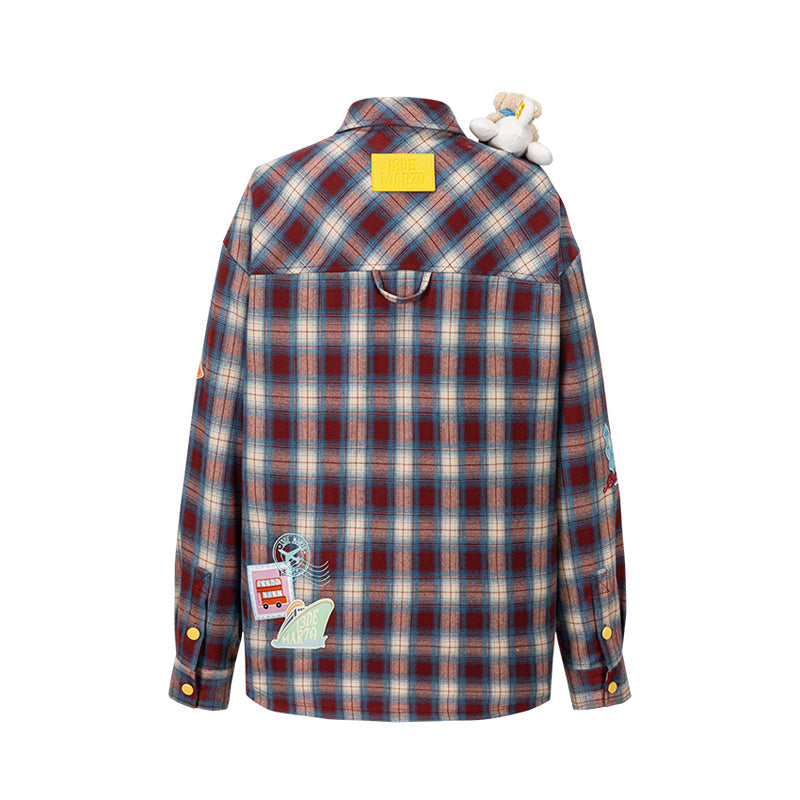 13DE MARZO Flight Bear Badge Check Shirt Red