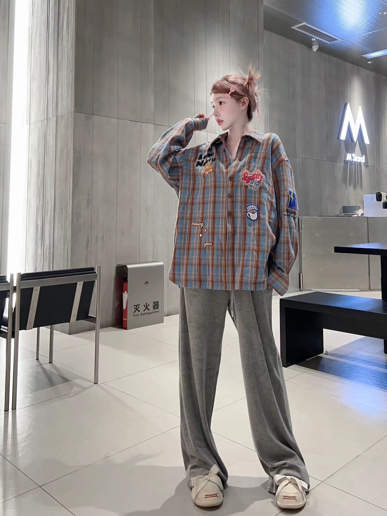 Andrea Martin Brown and Blue Plaid Bear Badge Embroidered Shirt