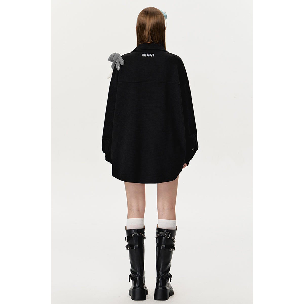 13DE MARZO Plush Bear Friends Waffle Check Shirt Black