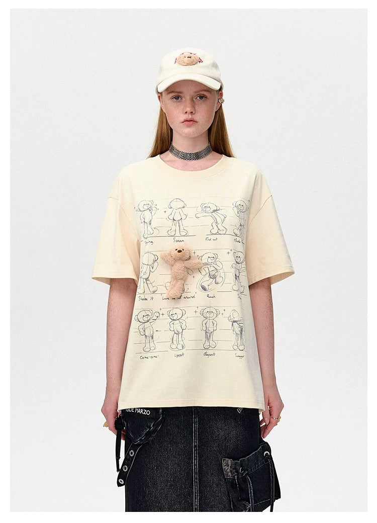 13DE MARZO Bear Movement Sketch T-shirt Beige