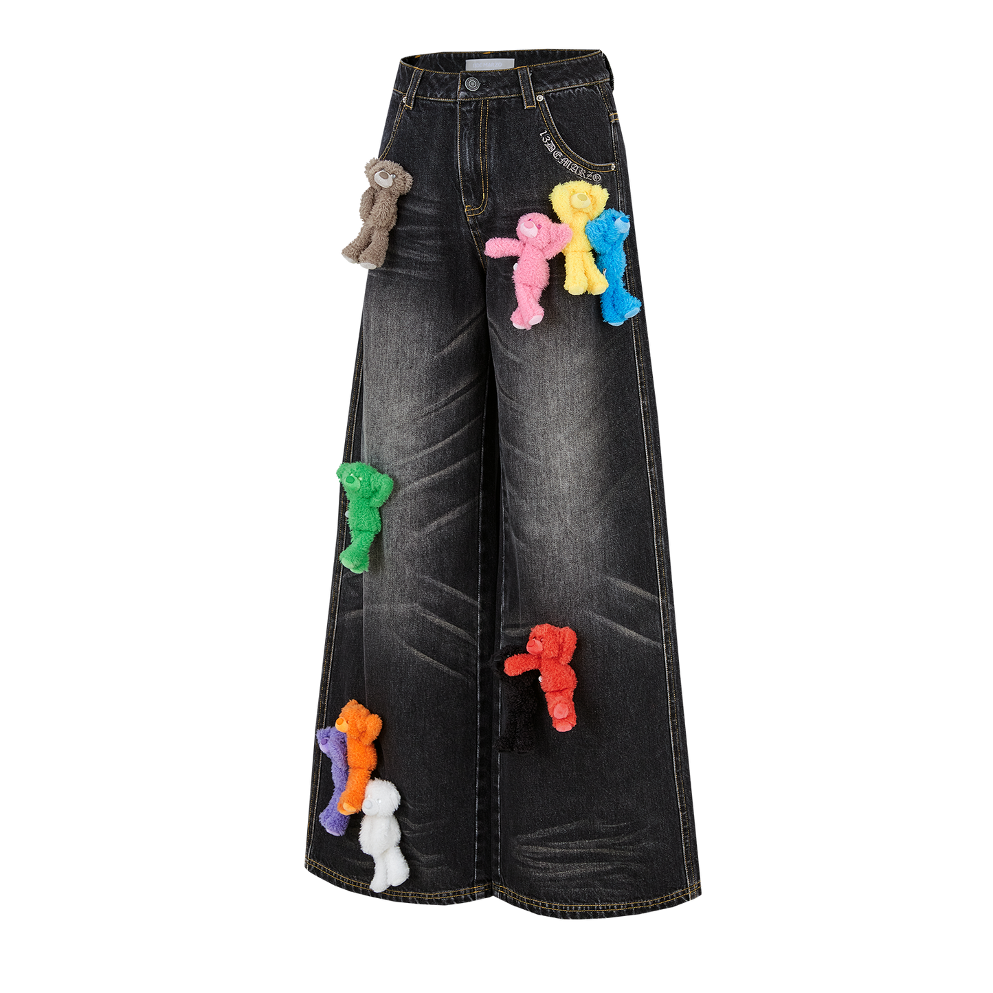 13DE MARZO Colorful All-Over Bear Print Jeans Black