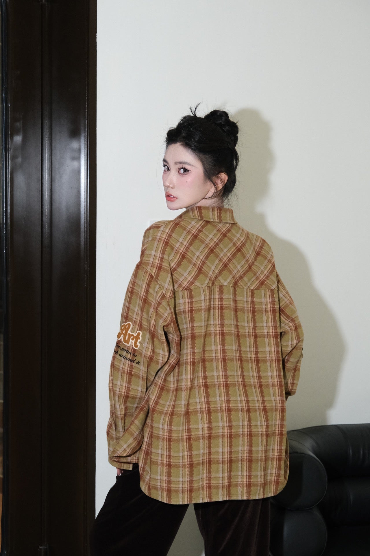 Andrea Martin Brown and Green Plaid Cookie Badge Embroidered Shirt