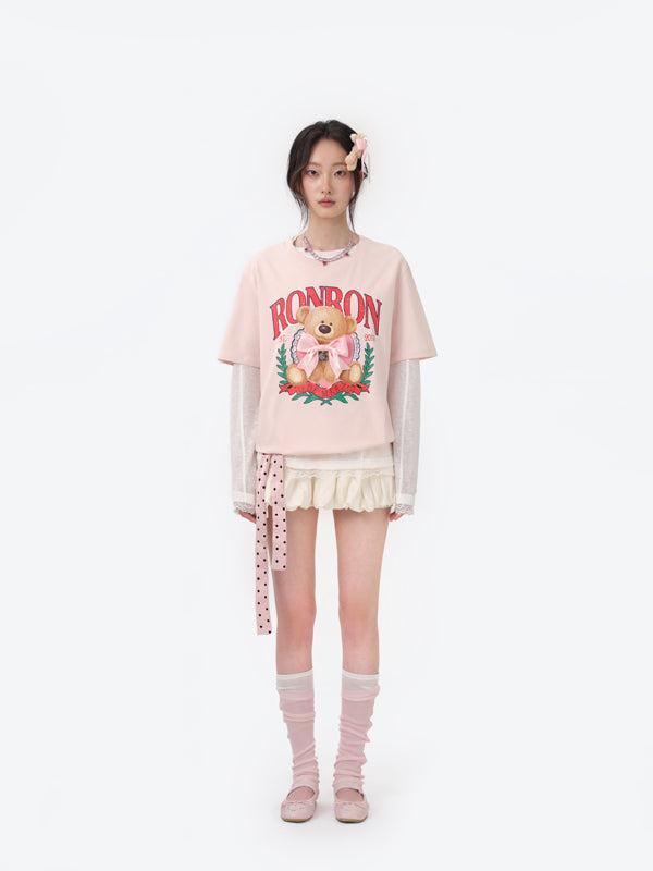 13DE MARZO x RONRON Bear Ribbon Tee Pink