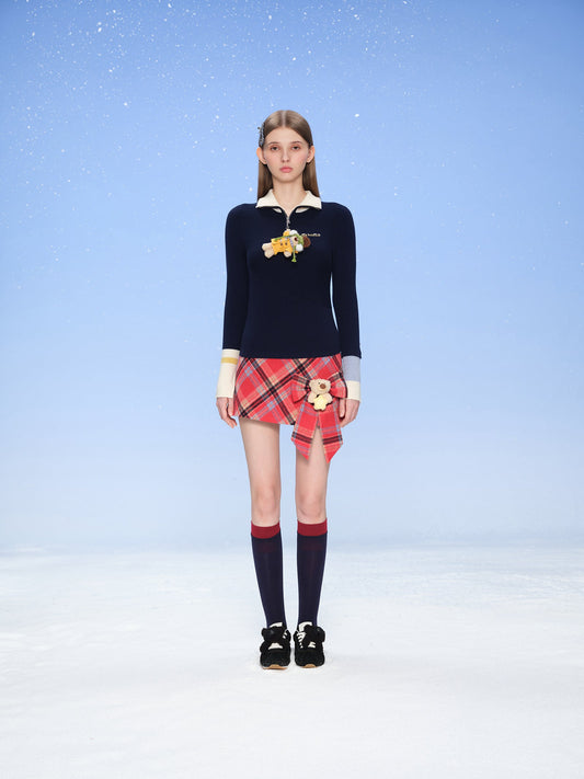 13DE MARZO Snow Bear Asymmetric Cuff Top Navy Blue