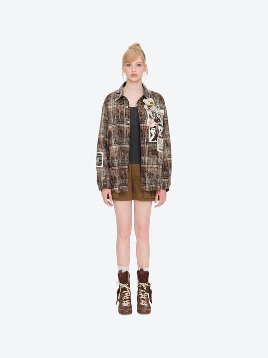 13DE MARZO Rolling Stones Distressed Appliqué Overshirt Brown