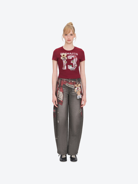 13DE MARZO Rolling Stones Cropped Distressed Tee Red