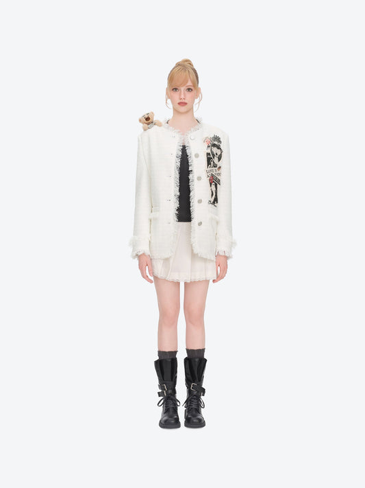 13DE MARZO Rolling Stones Badge Tweed Jacket White