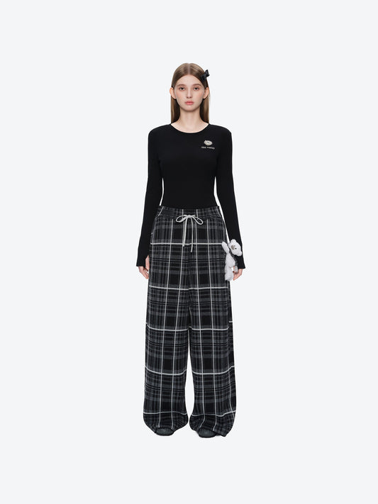 13DE MARZO Knit Jacquard Plaid Pants Black