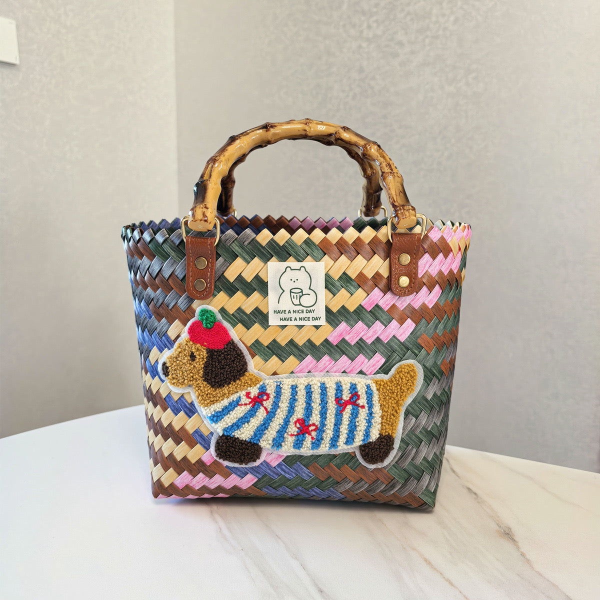 ✦FX✦ Retro Striped Dachshund Dog Woven Handbag