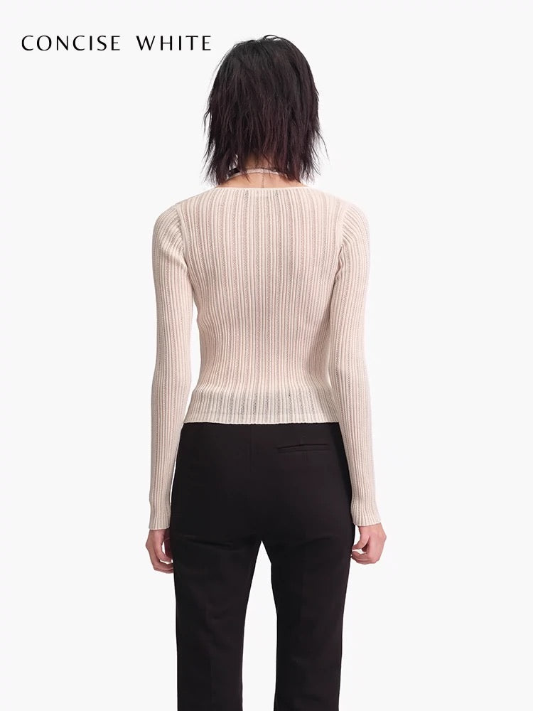 Concise-White Iris Fake Two-Piece Knitted Top Apricot