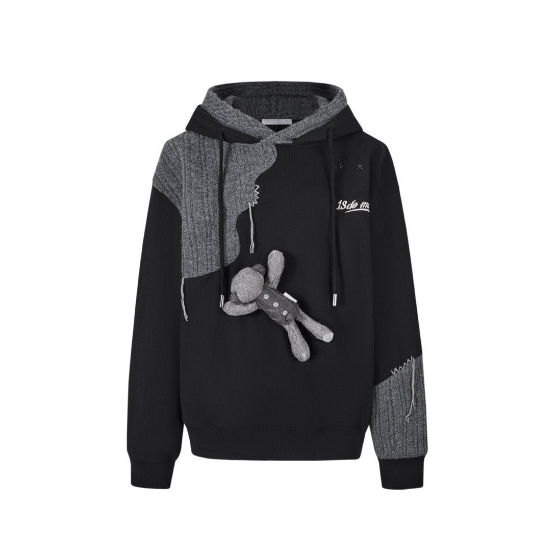 13DE MARZO Bear Knit Suture Layered Hoodie Black Fixxshop