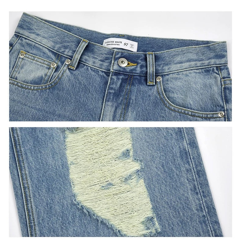 Concise-White Ripped Medium Wash Baggy Jeans Dark Blue