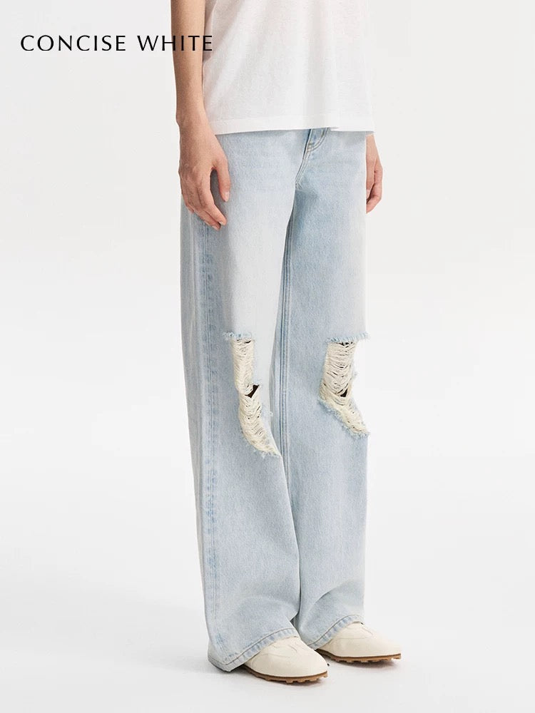 Concise-White Ripped Medium Wash Baggy Jeans Light Blue