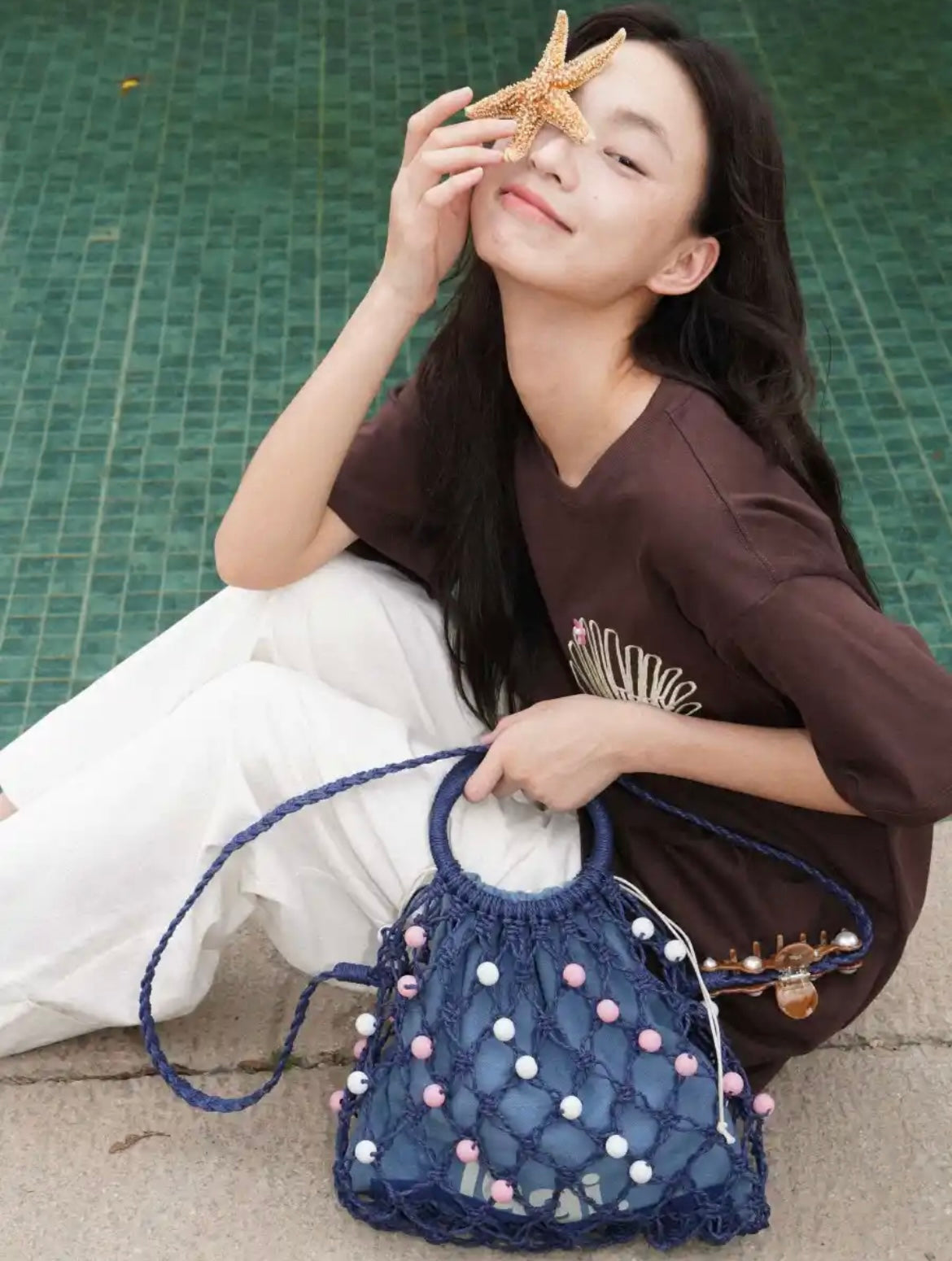 Tagi Dotted Fruit Knitted Bag Denim