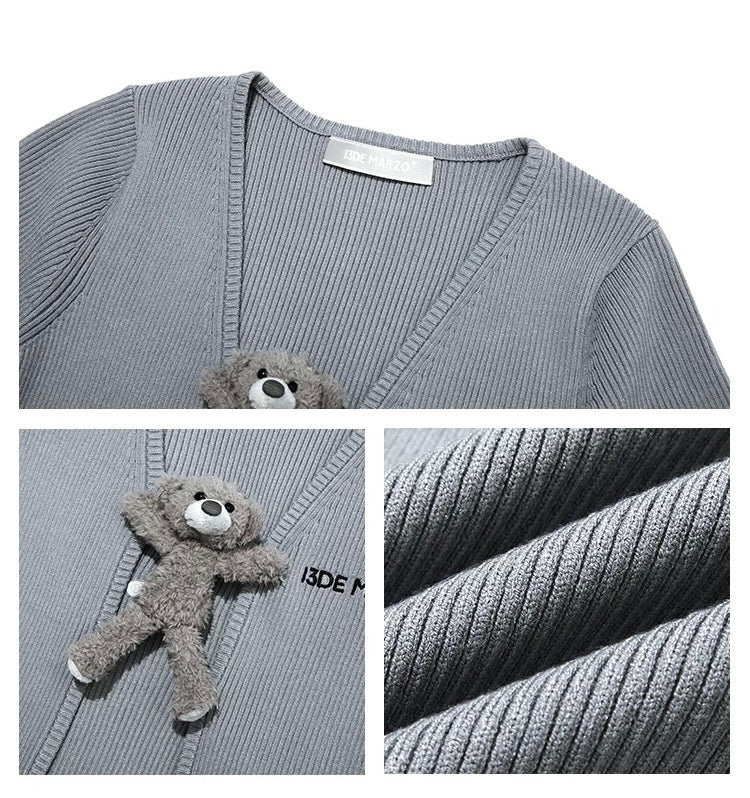 13DE MARZO Bear Buckle Thin Cardigan Grey