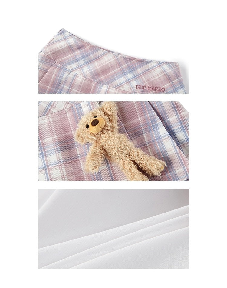 13DE MARZO Plaid Low Waist Pleated Skirt Pink