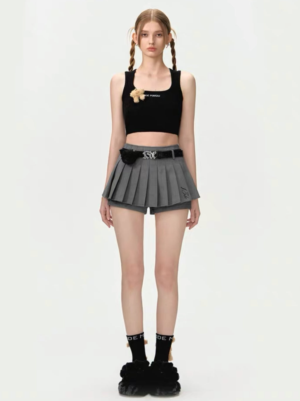 13DE MARZO High Waist Belt Pleated Skirt Shorts Grey
