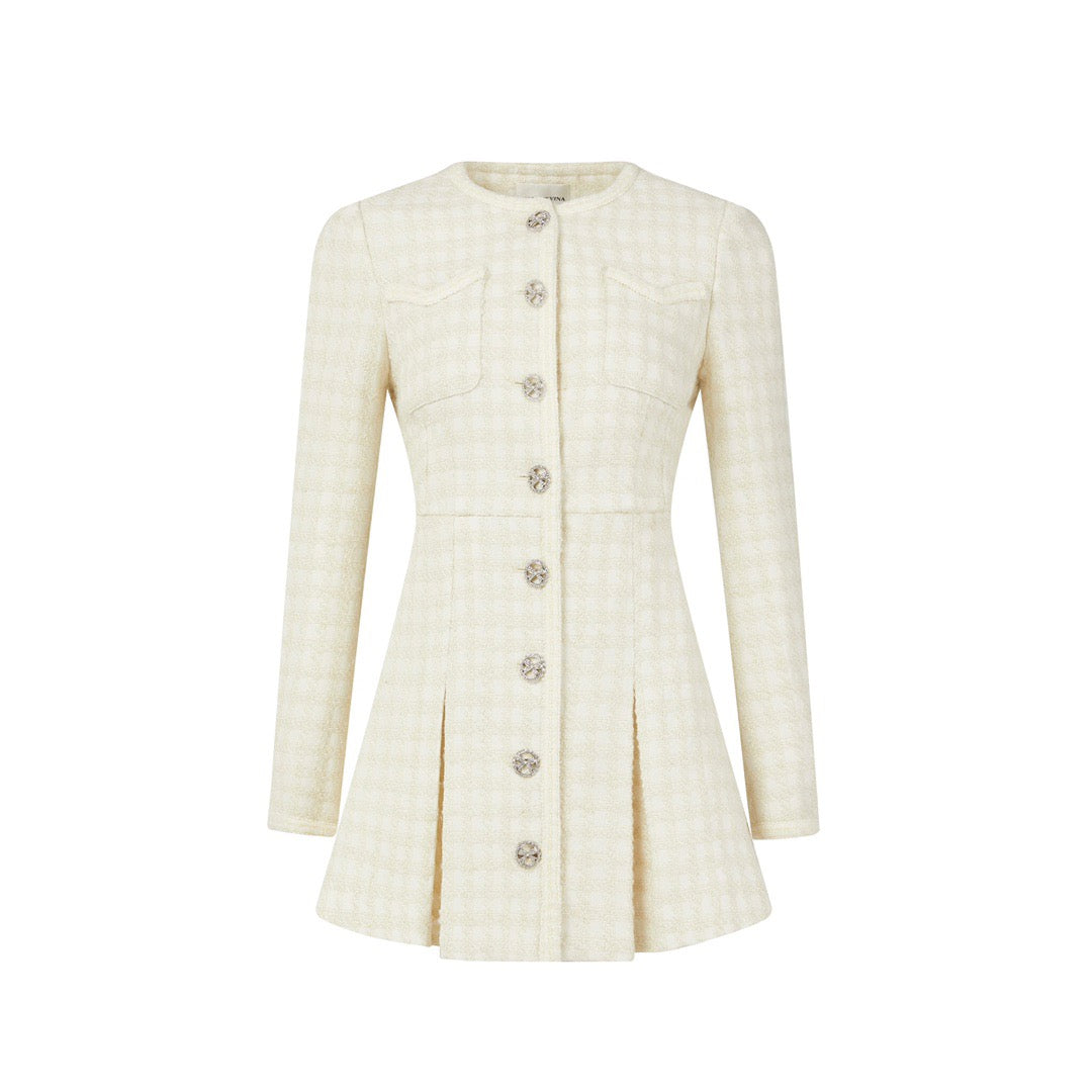 DIANA VEVINA Tweed Long Sleeve Dress Beige Fixxshop DIANA VEVINA Tweed Long Sleeve Dress Beige Fixxshop
