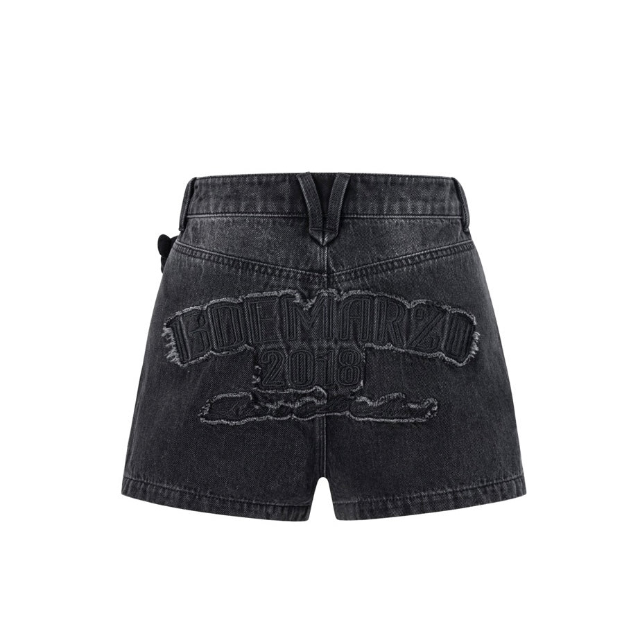 13DE MARZO Denim Frayed Embroidered Shorts Black