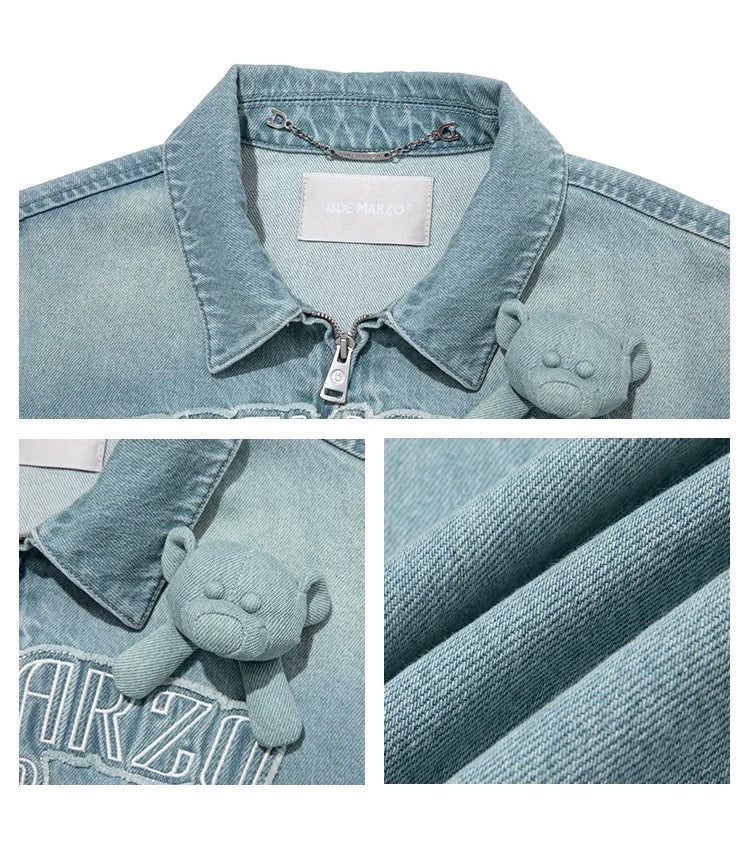 13DE MARZO Denim Frayed Embroidered Jacket Blue