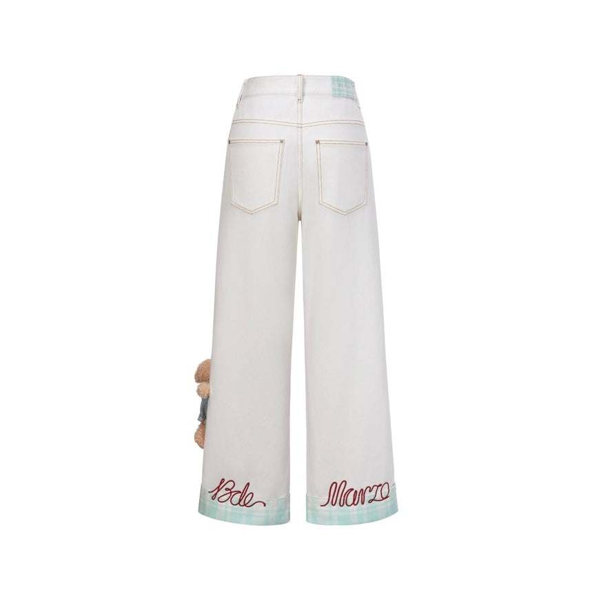 13DE MARZO Plaid Cuffed Sleeve Denim Pants White