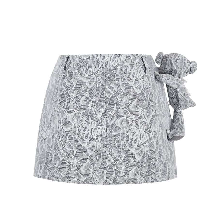 13DE MARZO Bear Lacy Denim Skirt Grey