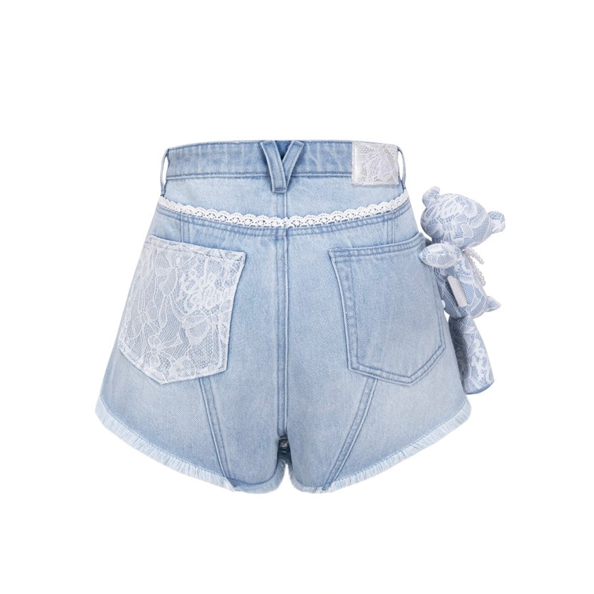 13DE MARZO Bear Lacy Denim Shorts Blue