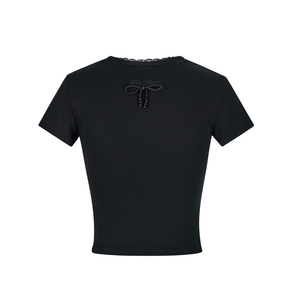 13DE MARZO Bear Lacy Bowknot Top Black