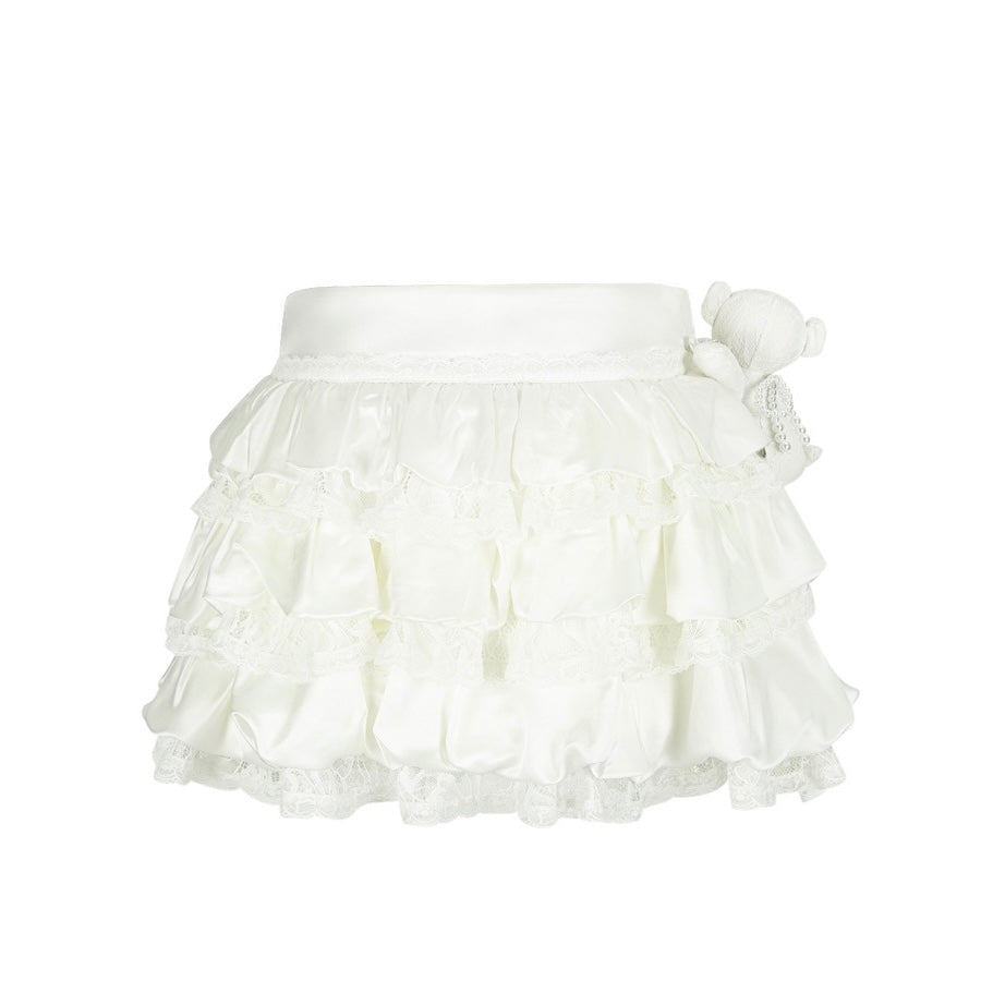 13DE MARZO Bear Lacy Bud Skirt White