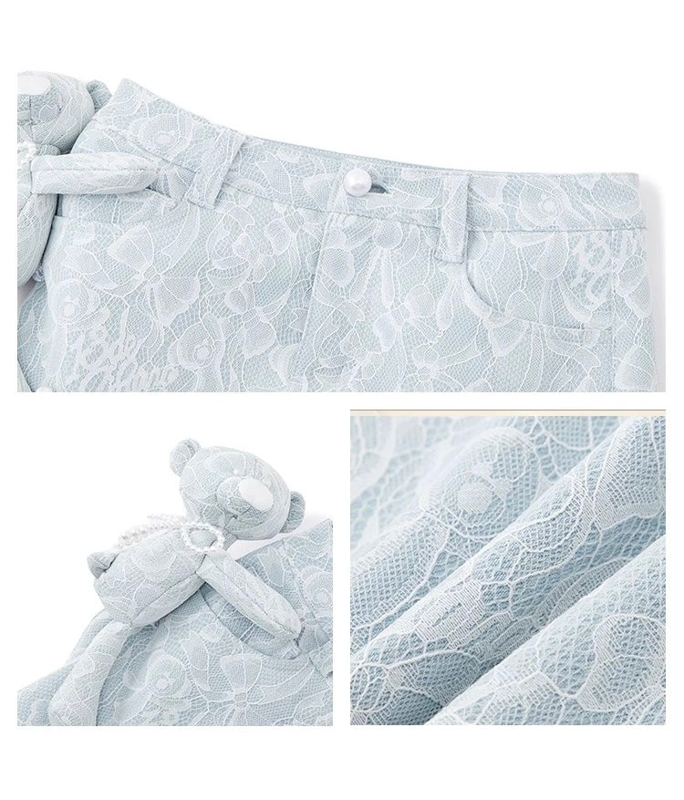 13DE MARZO Bear Lacy Denim Skirt Blue