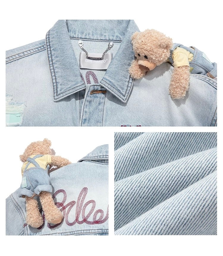 13DE MARZO Plaid Cuffed Sleeve Denim Jacket Blue