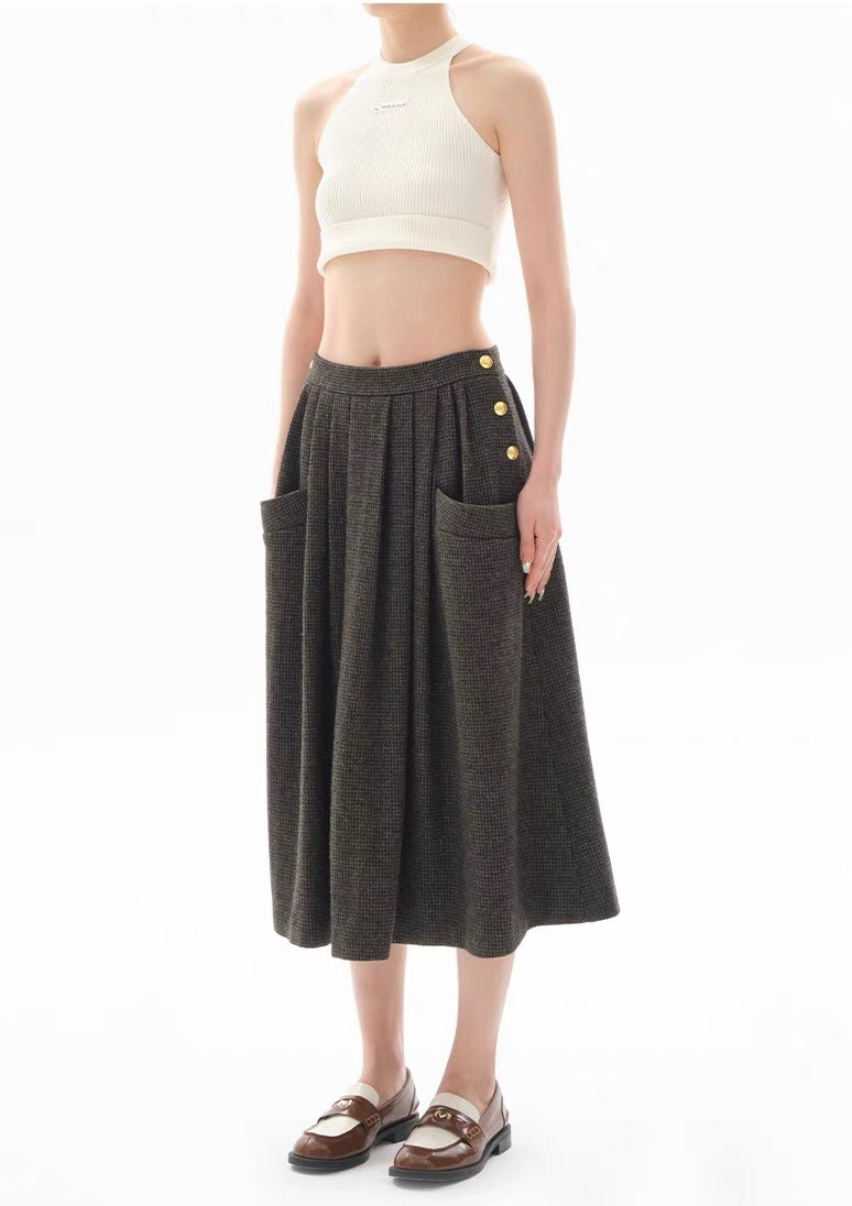 Concise-White Plaid Patchwork Gold Buckle Long Dress Dark Grey