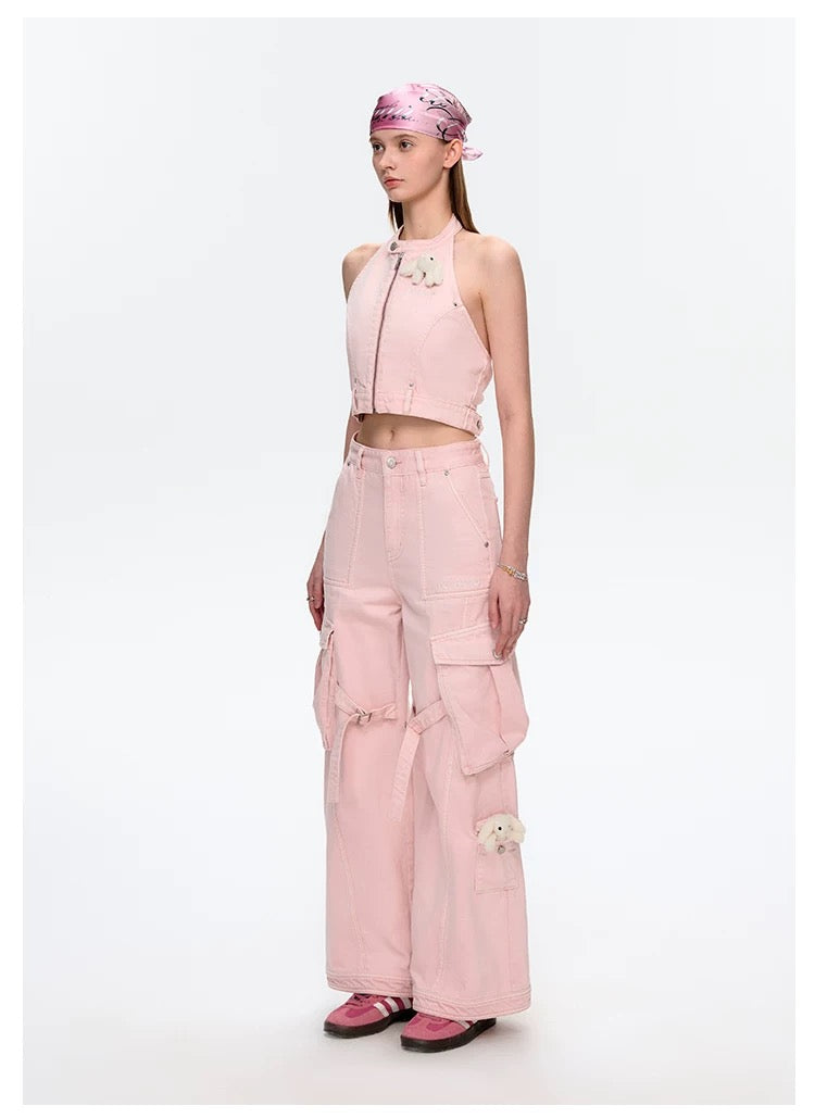 13DE MARZO Denim Cargo Pants Pink
