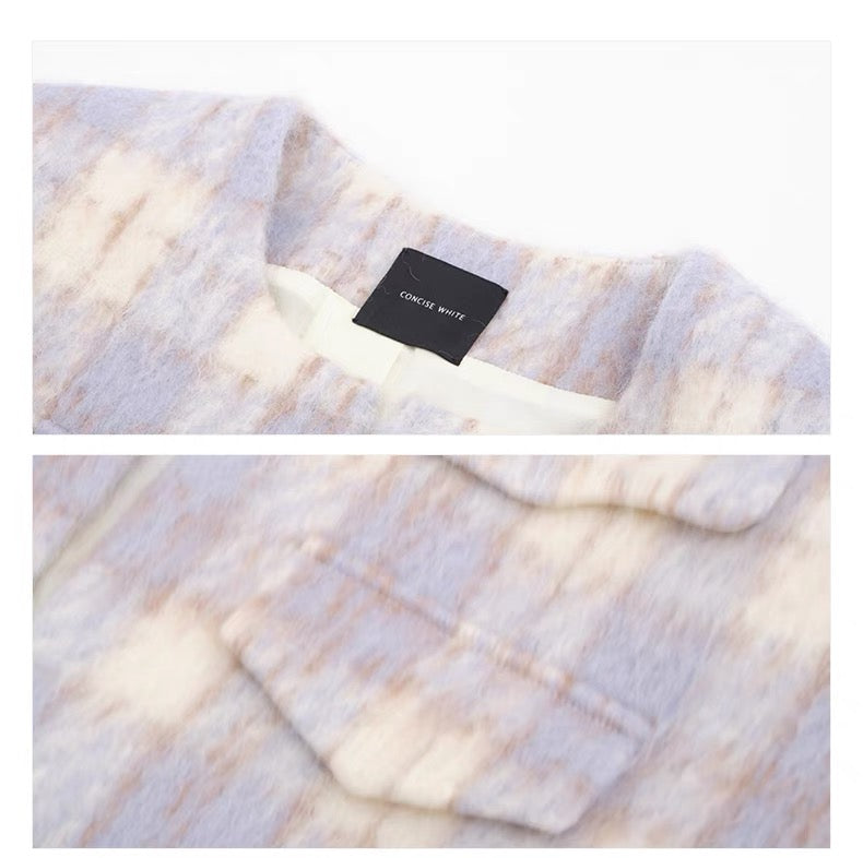 Concise-White Tweed Mohair Short Jacket Plaid Blue