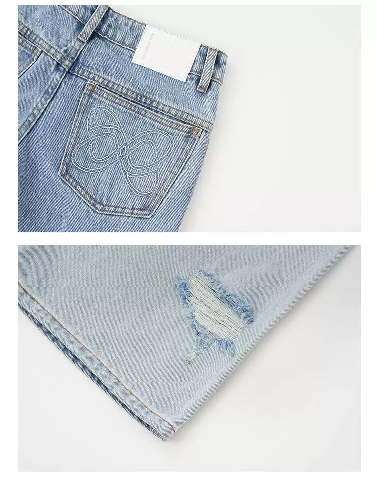 Ann Andelman Blue Low Rise Flared Knee Destroyed Jeans