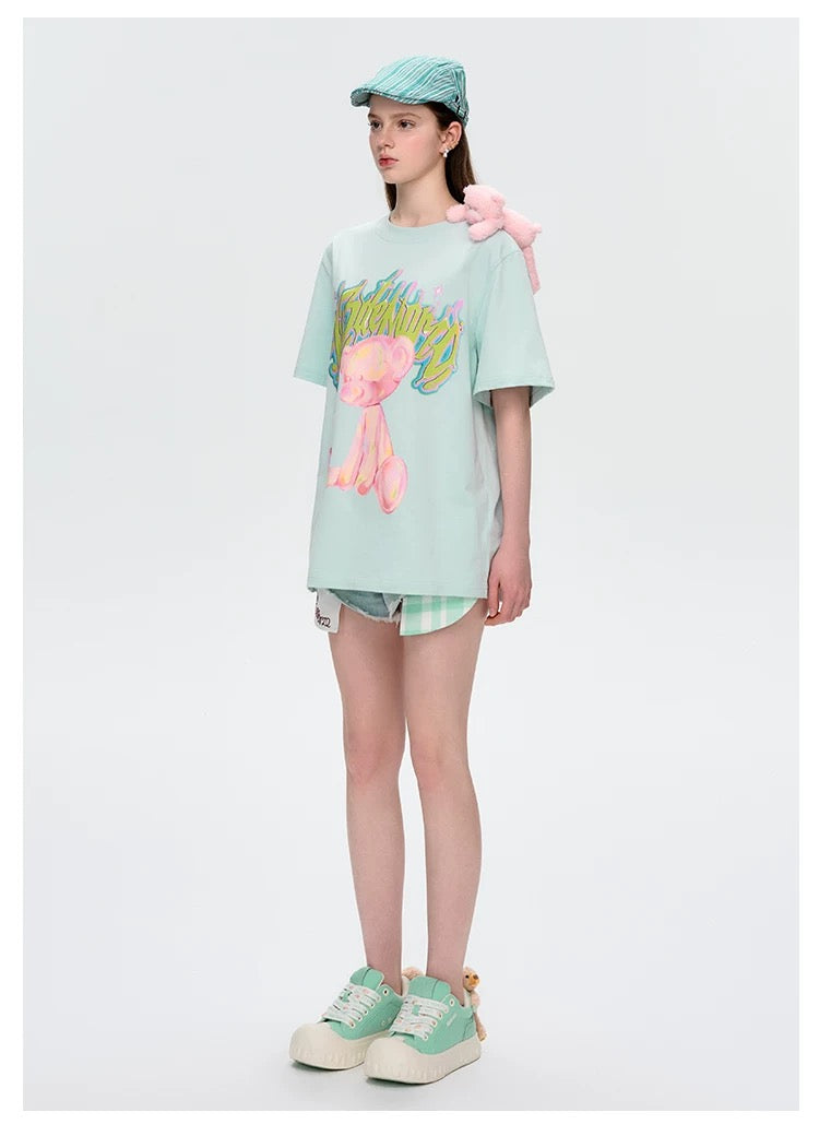 13DE MARZO Illustrated Colourful Bear T-Shirt Mint Green