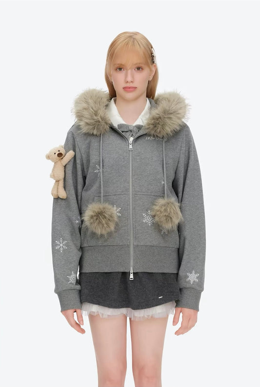 13DE MARZO Shimmer Snow Bear Zip Hoodie Grey