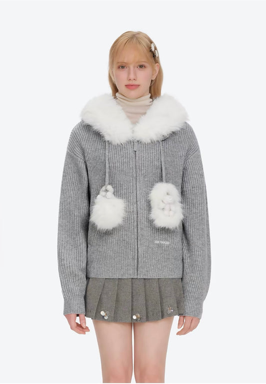 13DE MARZO Pom-pom Bear Fur Collar Knit Jacket Grey