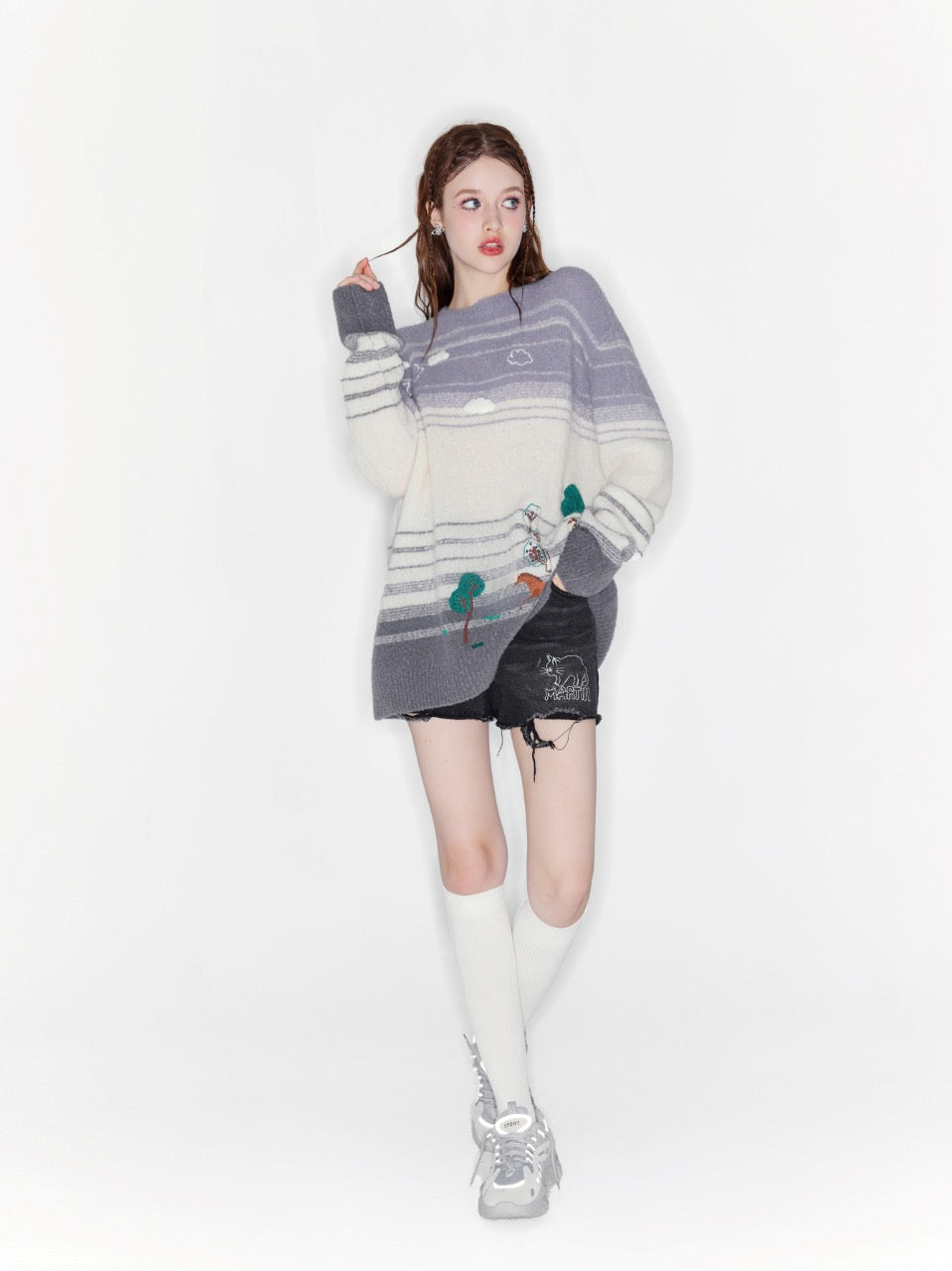 Andrea Martin Purple and Gray Embroidered Pony Sweater