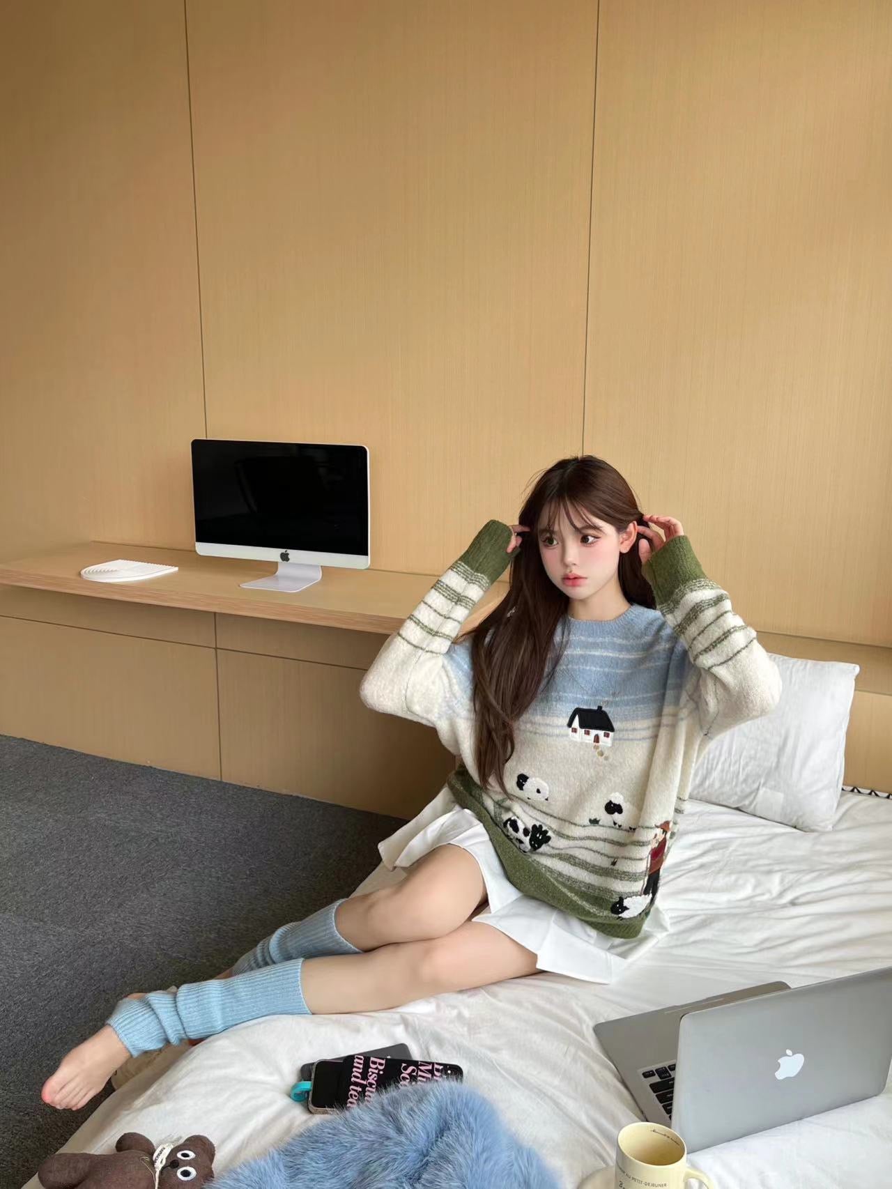 Andrea Martin Blue and Green Striped Shepherd's Patch Sweater