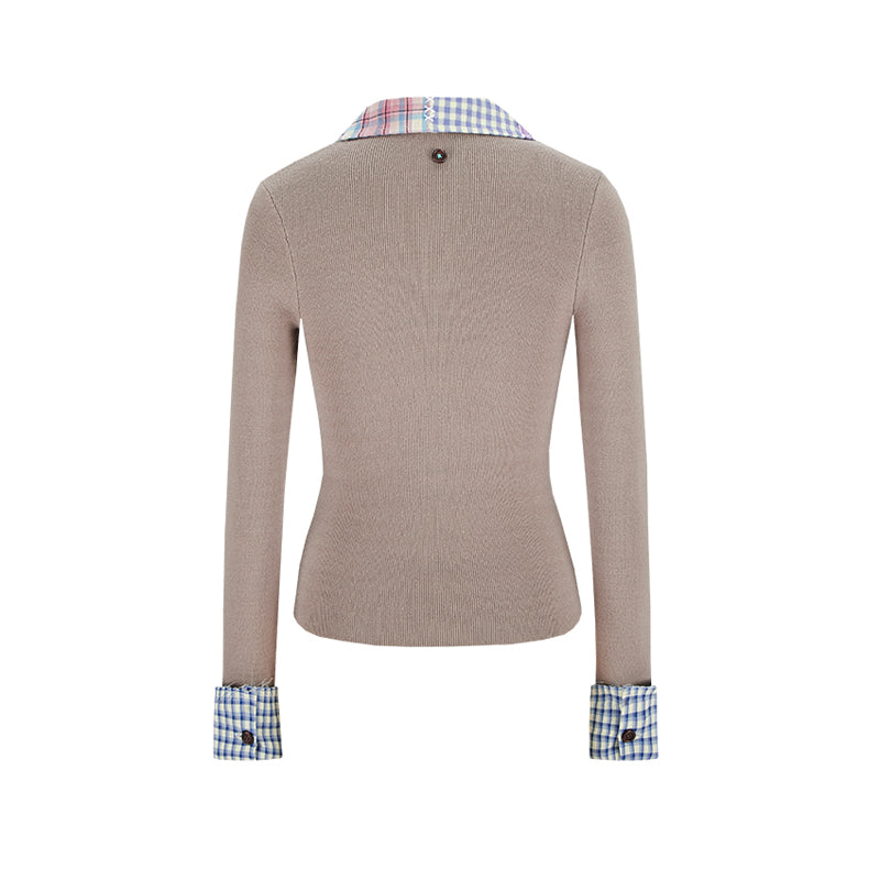 13DE MARZO Plaid Cuff Knit Polo Top Khaki