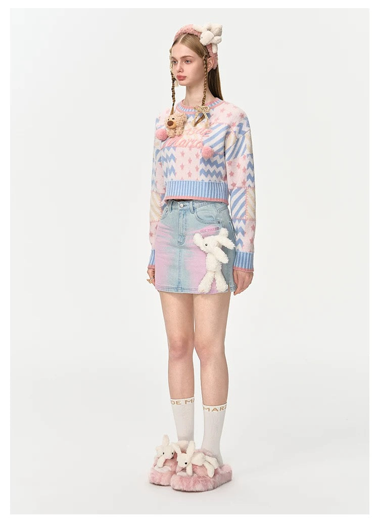 13DE MARZO Bear Fuzzy Ball Short Sweater