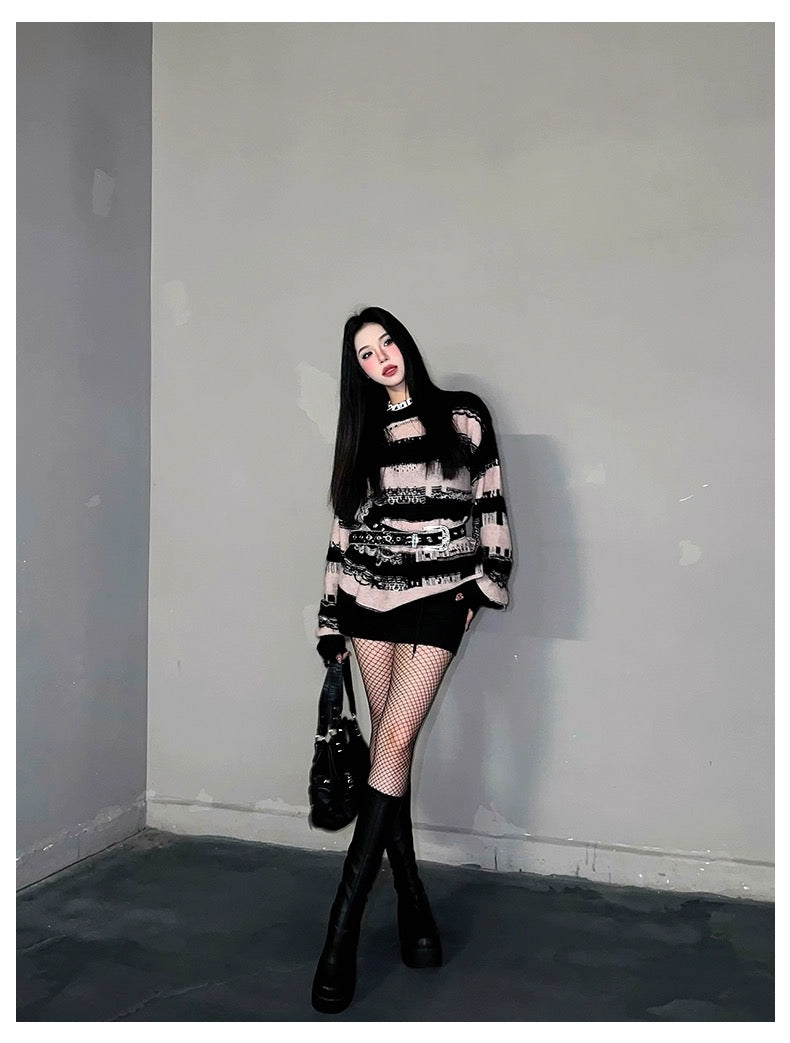 Charlie Luciano Striped Tassel Sweater Pink/Black