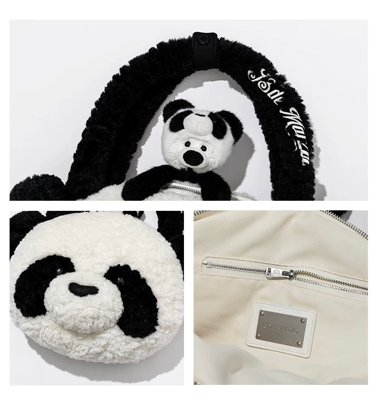 13DE MARZO Panda Bear Fuzzy Plush Bag White