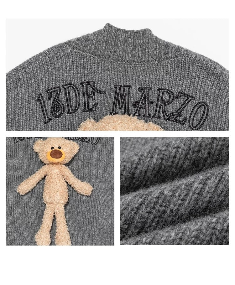 13DE MARZO Doozoo V-Neck Embroidery Cardigan Grey