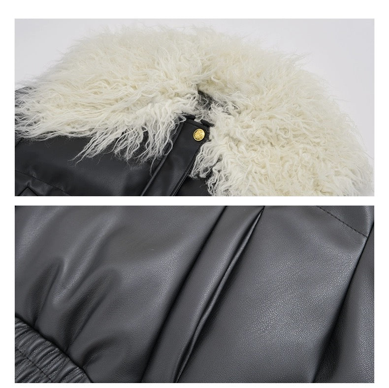 Concise-White Fur Collar Cropped Down Jacket Black