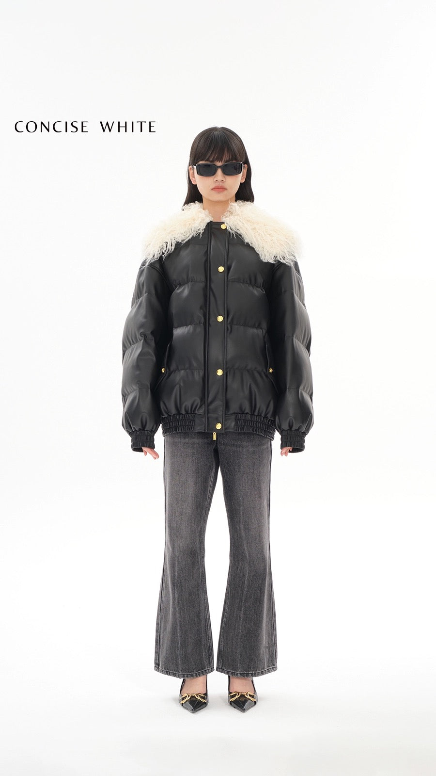 Concise-White Fur Collar Down Jacket Black